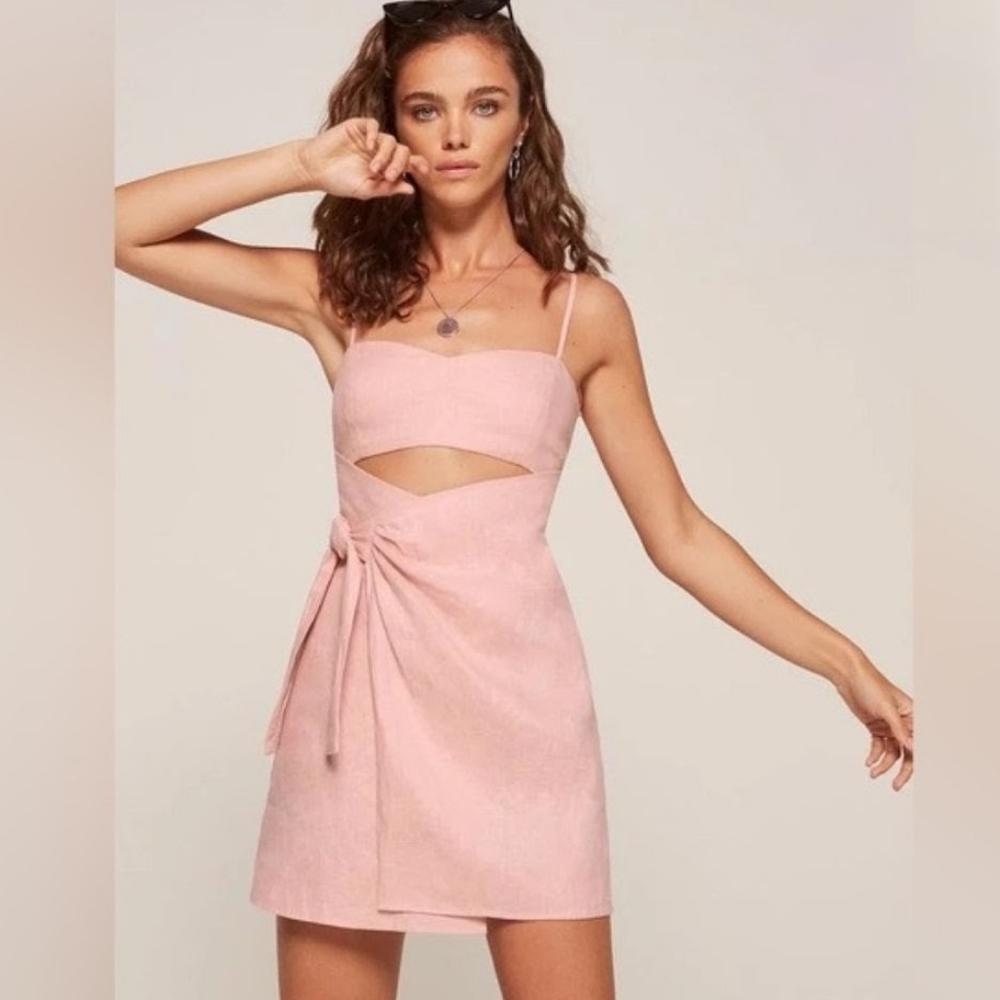 Reformation Pink 100% Linen Mini Sundress Tie Front Bra Top Fit Size 0